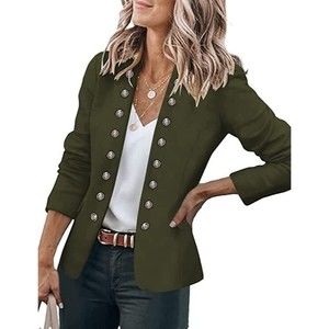 Womens Open Front Long Sleeve Buttons Military Style Blazer Work Business Casual